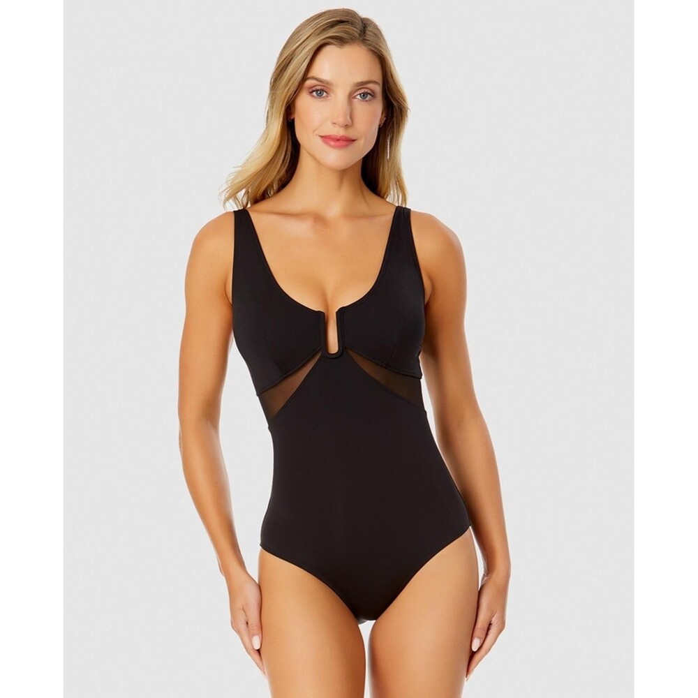 Anne Cole Swimsuit Womens 6 Black One Piece Mesh Waist Plunge Adjustable Straps